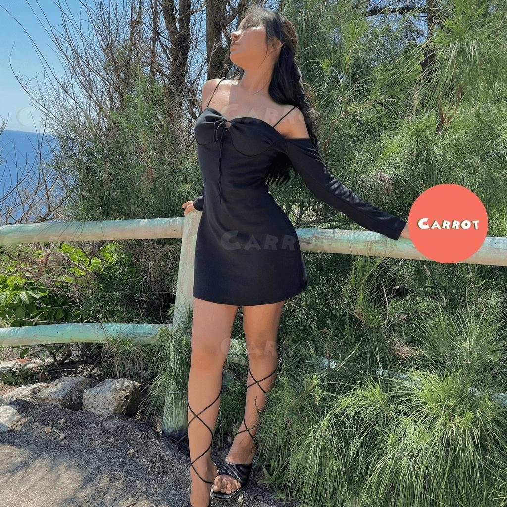 Đầm ôm body thiết kế 2 dây tay dài khoét ngực sexy đi chơi đi du lịch carrotxinhdep chất co giãn thun cao cấp