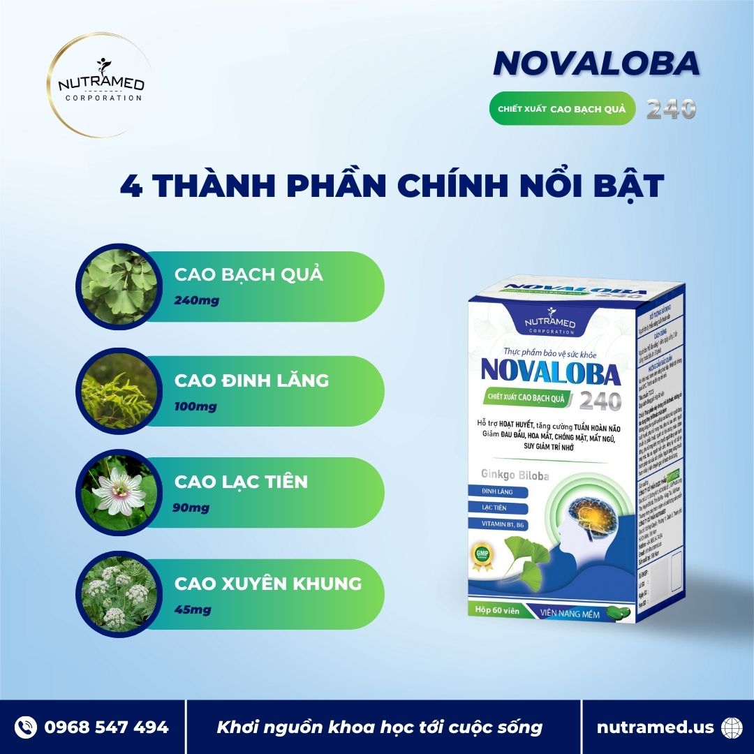 Viên uống Novaloba 240 hỗ trợ hoạt huyết, tăng cường tuần hoàn não (Hộp 60 viên)