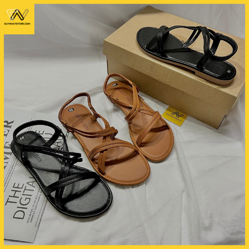 Giày Sandal Nữ Quai Ngang Chéo Đế Bệt Màu Nâu Đen Dây Mảnh Nhỏ Duy Nhật Store Học Sinh Đi Học Bền Uzzang Chiến Binh Thun