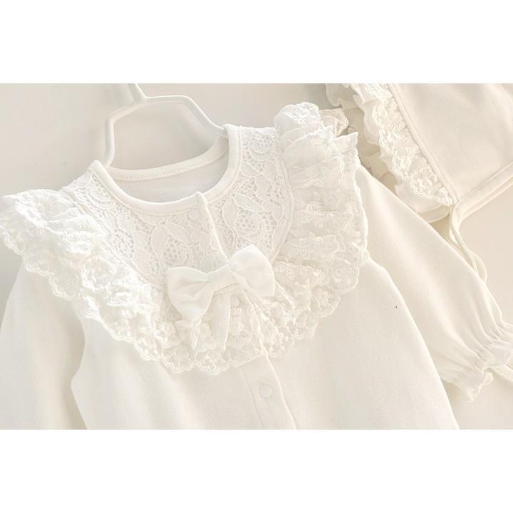 HÀNG CAO CẤP- Body ren nơ cotton dài tay dài chân kèm mũ ren cho bé sơ sinh đầy tháng