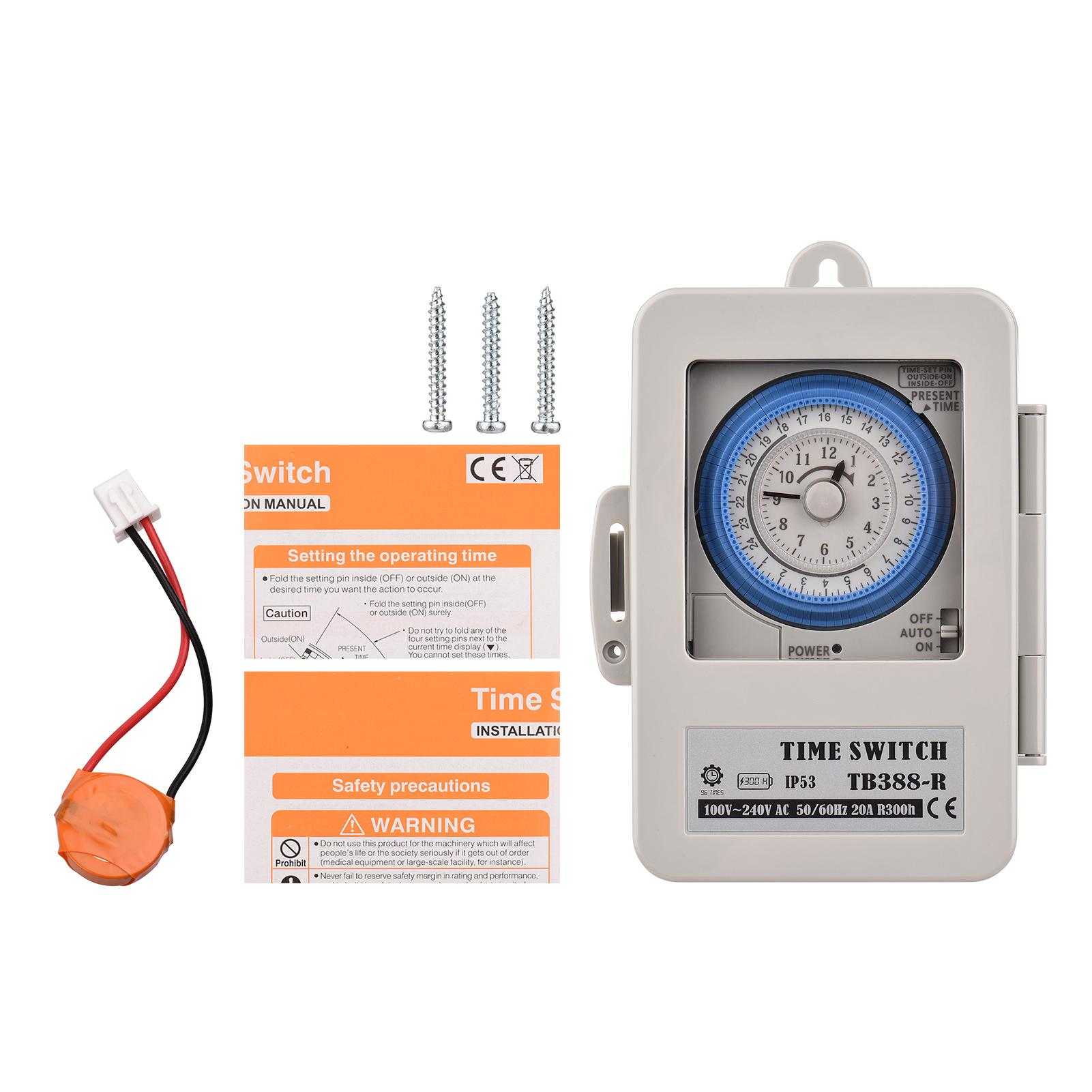 Mechanical 24 Hours Timer Switch IP53 Rating Programmable Electrical Timer Switch Box AC 100-240V 15 Minutes Interval 96 Times ON/ OFF with Mounting Hole Dustproof Waterproof Cover
