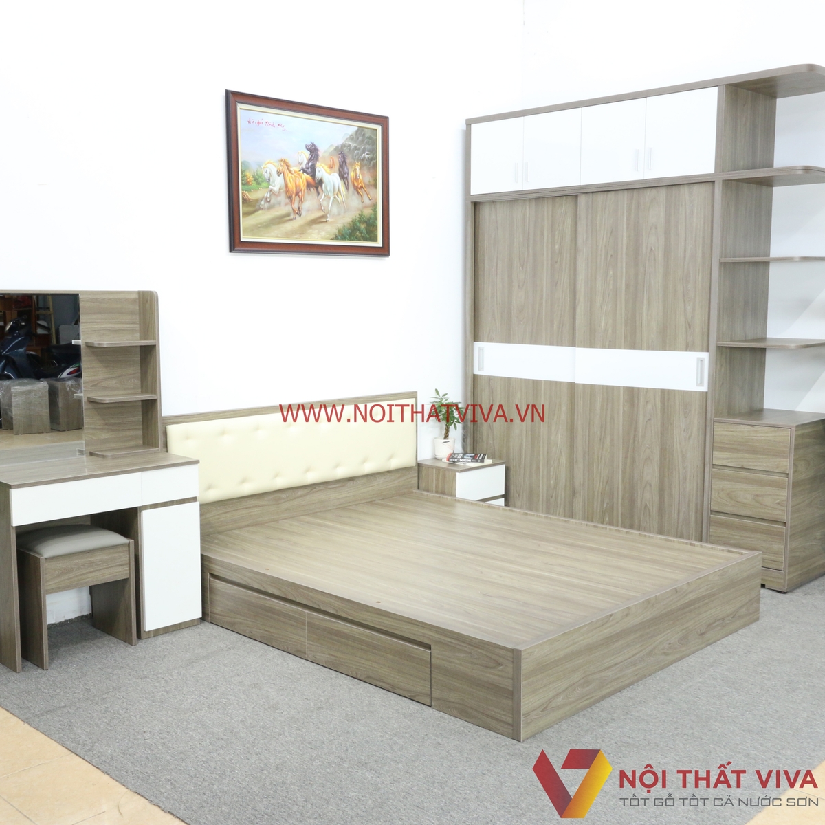 Bộ Combo Phòng Ngủ Tủ Kịch Trần Gỗ MDF Màu Xám Phối Trắng Cao Cấp Đẹp