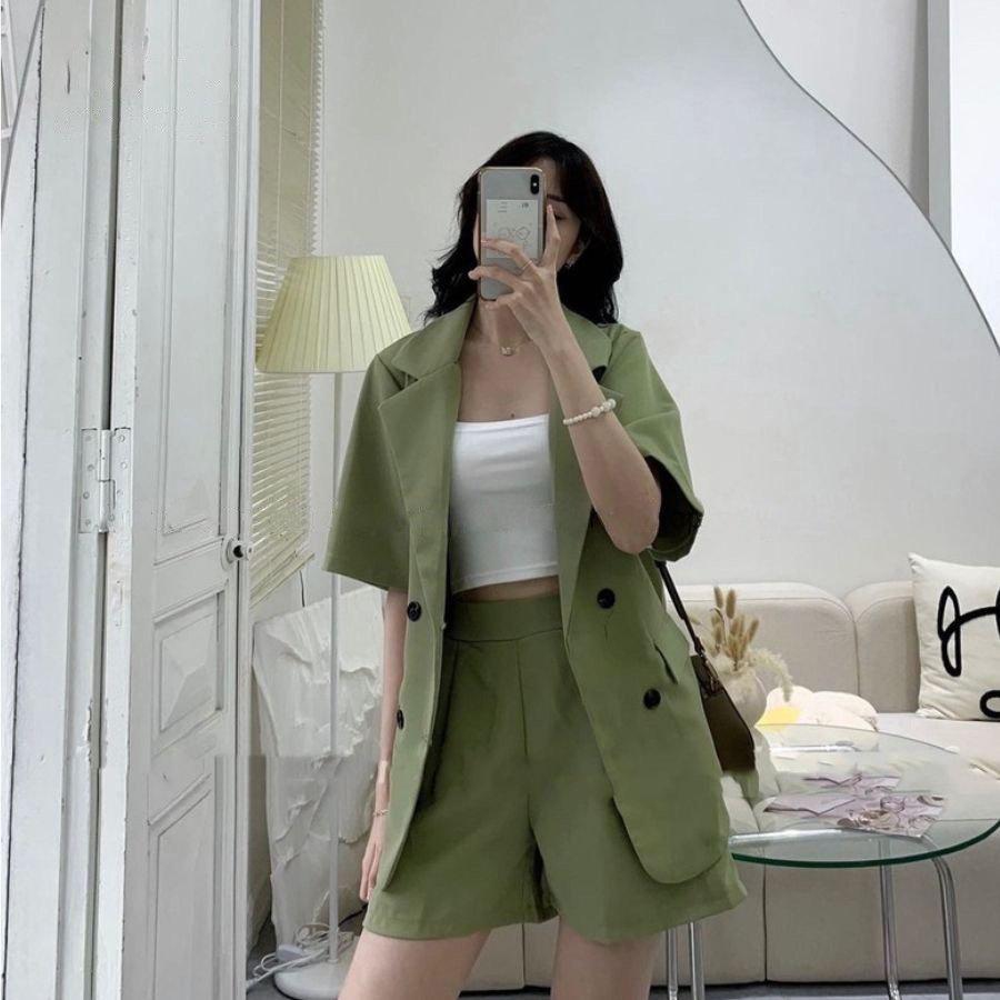 Set Áo Vest Blazer Cộc Tay Basic Kèm Quần Short Đùi Màu Trơn Thanh Lich Chuẩn Form Chất Đẹp Zmstore