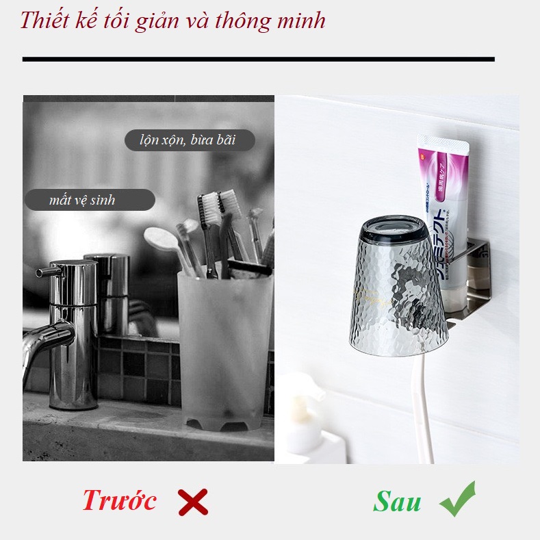 Kệ Để Bàn Chải Đánh Răng 3 Rãnh Có Khay Chứa Kem Đánh Răng Và Ly Xúc Miệng Inox 304 Cao Cấp