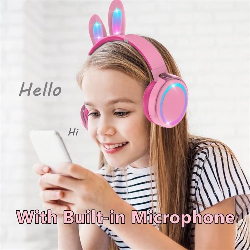 Tai Nghe Nhét Tai Bluetooth Không Dây Âm Thanh Nổi HiFi Có Mic RGB Hình Thỏ Dễ Thương Cho Trẻ Em
