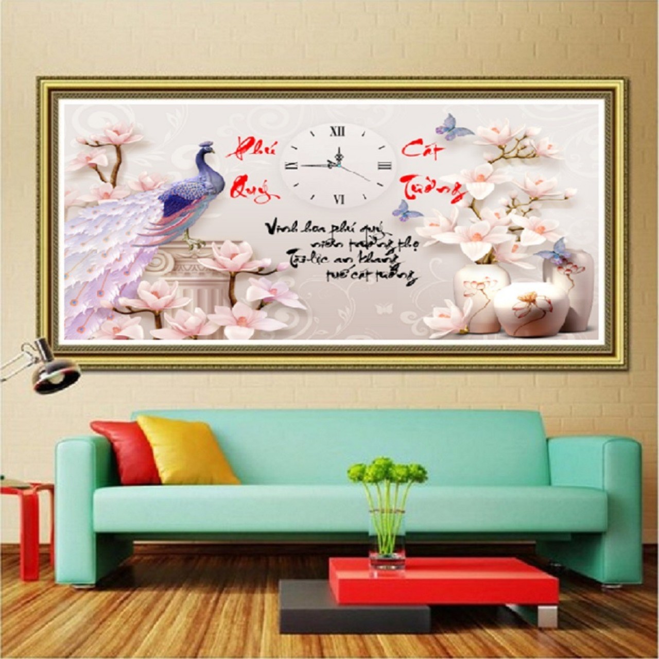 Tranh thêu Phú quý cát tường - đồng hồ - chưa thêu