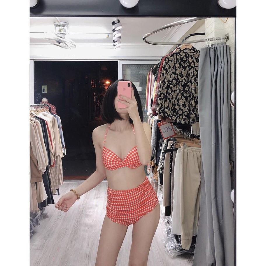 Bikini hai mảnh caro đỏ cam gọng nữ tính mặc đi biển đi bơi đẹp ( Hàng loại 1)