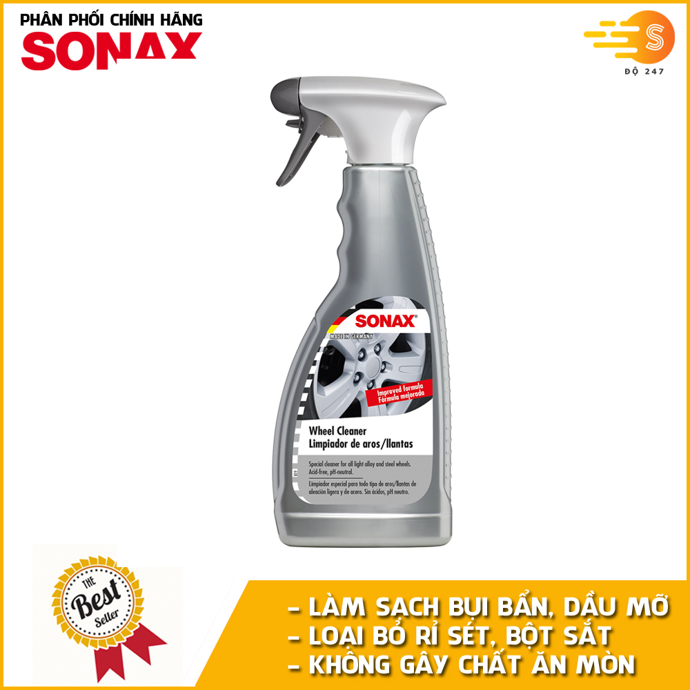 Chai xịt vệ sinh vành xe, mâm xe, hợp kim và vành thép má phanh Sonax 429200 500ml - làm sạch bụi bẩn, loại bỏ rỉ sét, bột sắt, bột phanh, không ăn mòn