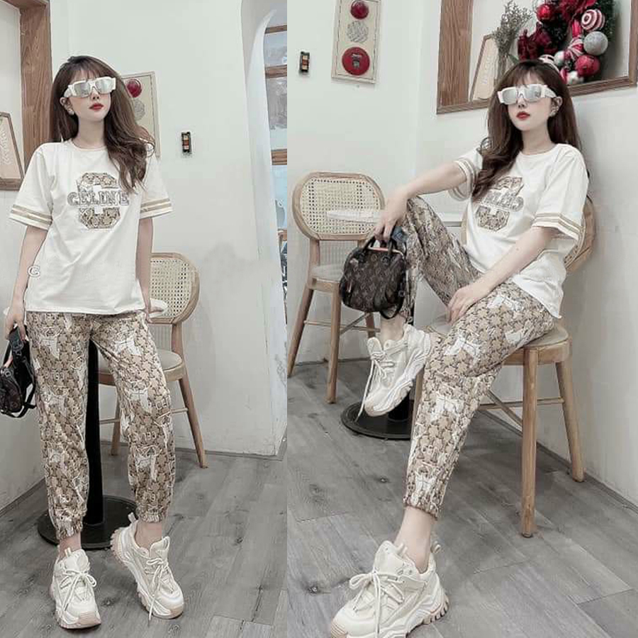 Đồ bộ thun cotton form rộng bo chân in họa tiết (2 màu đen, trắng phối quần họa tiết)