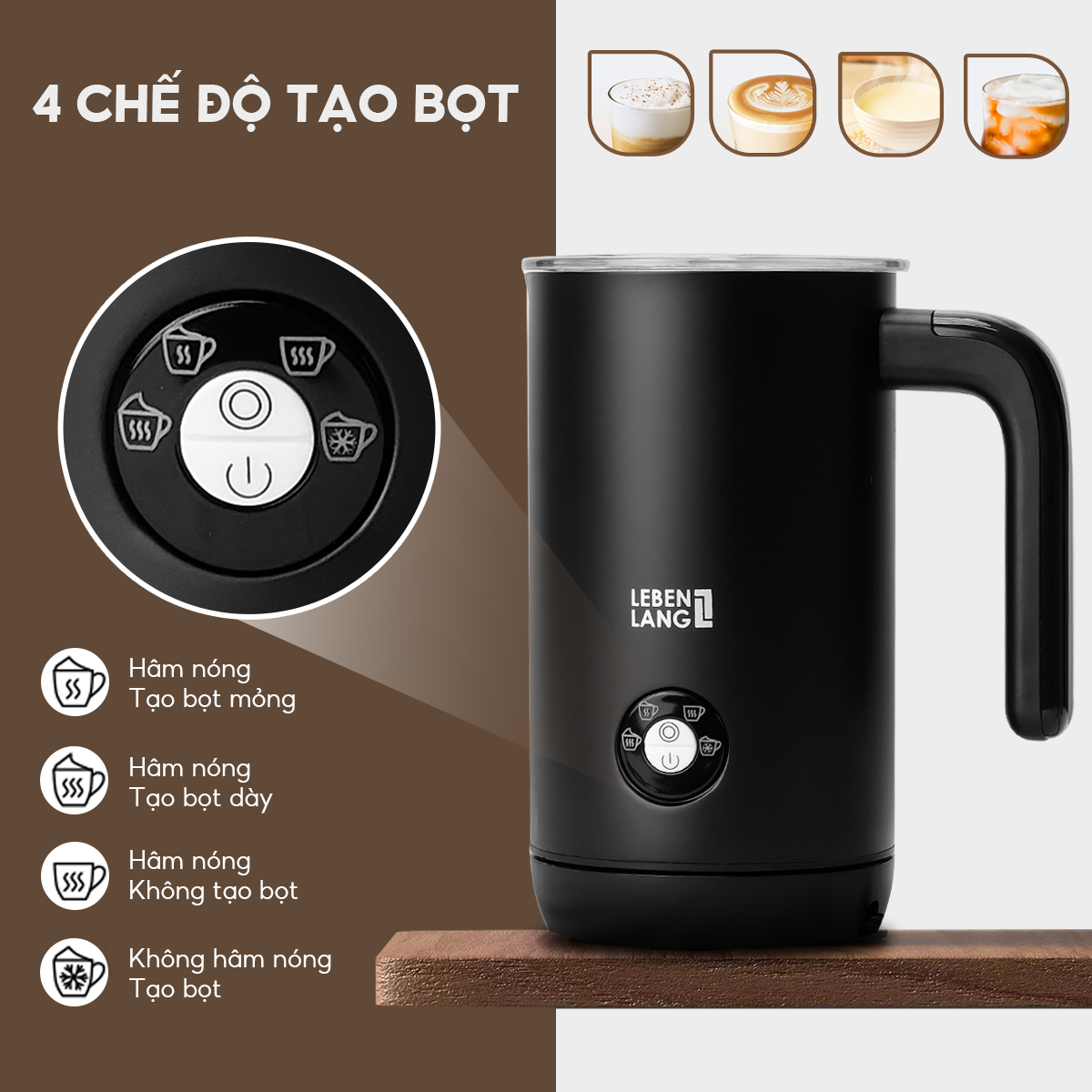 Máy đánh bọt cà phê, tạo bọt sữa Lebenlang LBL102, 500W, 240ml, 4 chế độ đánh nóng lạnh, tặng kèm 1 lò xo bảo hành 2 năm - hàng chính hãng
