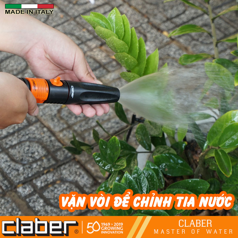 Vòi xịt tưới cây và khớp nối nhanh Claber 8536 -8458, vòi có van khóa, 2 chế độ, khớp nối nhanh kết nối 3 cỡ ống 12-15-19mm