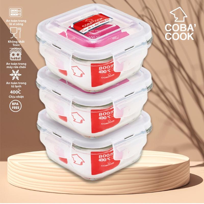 Bộ 3 hộp thủy tinh đựng thực phẩm chịu nhiệt COBACOOK hộp hình vuông dung tích 800ml- CCS83
