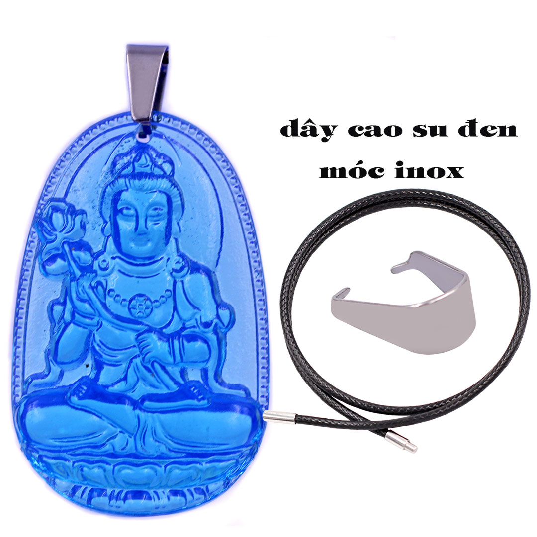 Mặt Phật Đại thế chí thuỷ tinh xanh biển 3.6 cm kèm móc và vòng cổ dây cao su đen, Mặt Phật bản mệnh