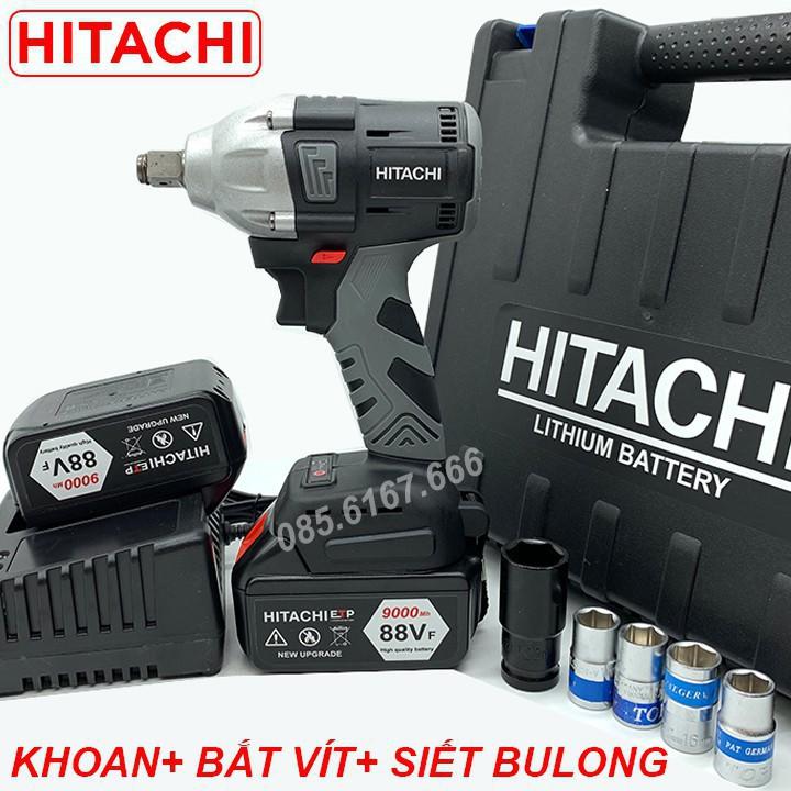 Máy Siết Bulong HITACHI 88V - KÈM 5 Đầu Khẩu - Không Chổi Than Đầu rỗng Bắt vít Khoan - Pin 10 Cell - 100% Lõi Đồng