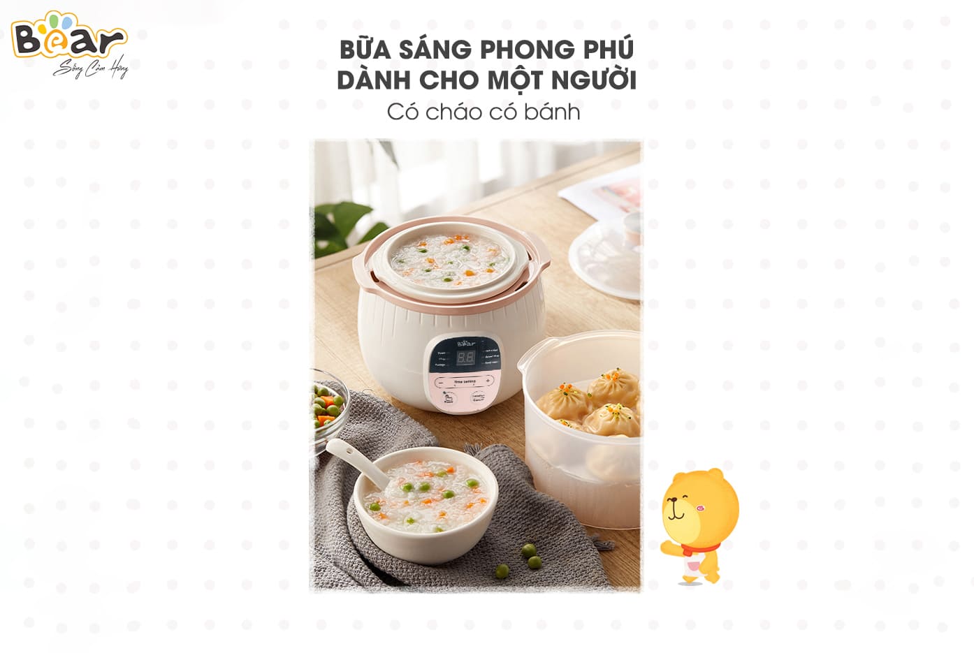 Nồi Ninh, Hấp, Nấu Cháo, Nấu Đồ Ăn Dặm Cho Bé 4 Trong 1 BEAR SUBE001 Có Lồng Hấp Dung Tích 0.8 L Công Suất 200W - Hàng Chính Hãng