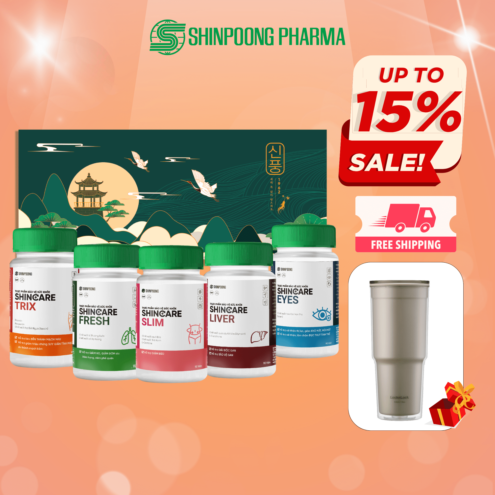 Combo Bảo vệ sức khỏe toàn diện - Hỗ trợ giảm cân, thải độc gan, cải thiện thị lực, bổ phổi, bền thành mạch - Shincare 90 viên SHINPOONG