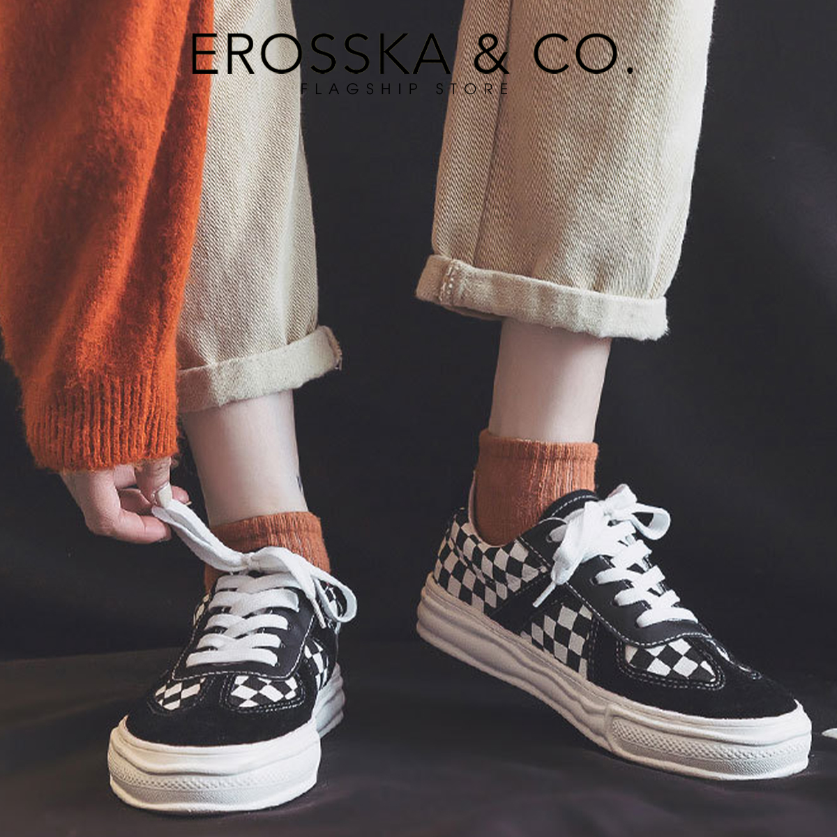 Erosska - Giày sneaker nữ đế dày mũi tròn hoạ tiết caro cá tính - GS019