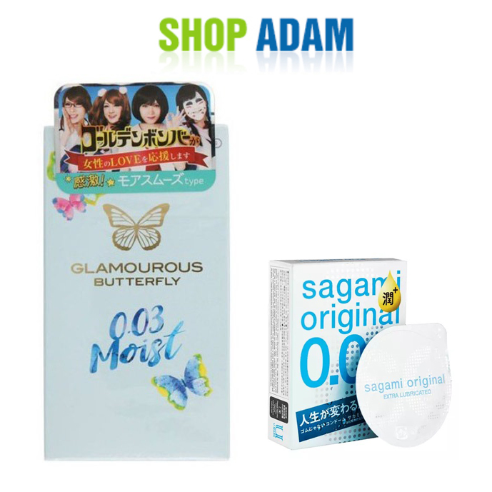 Bao Cao Su Cao Cấp Siêu Mỏng Ôm Khít Jex Glamourous Butterfly 0.03 Moist + Bcs Siêu Mỏng Nhiều Chất Bôi Trơn Sagami 0.02 Extra - Hàng Chính Hãng 100% - Che Tên Sản Phẩm