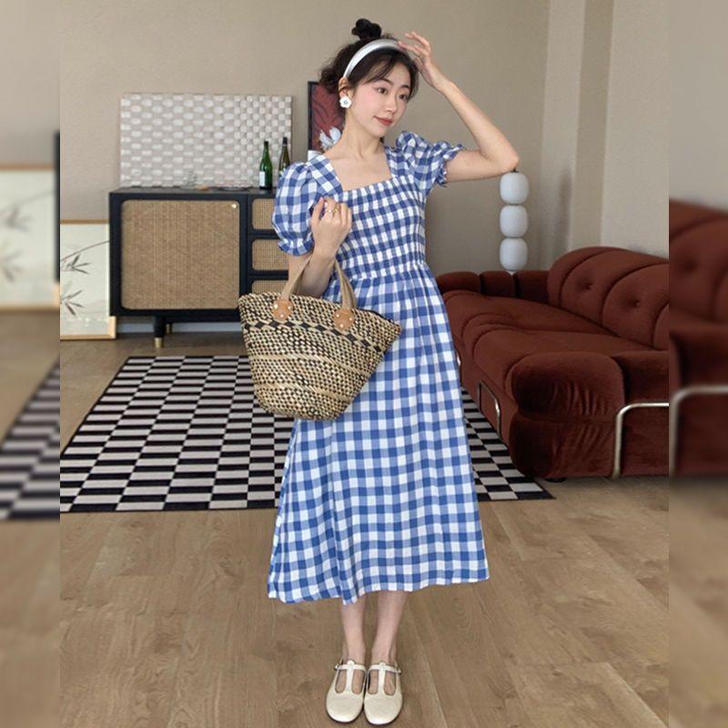 TOBE1SHOP Thanh lịch Port Wind Vintage kẻ sọc ăn vuông cổ thắt lưng sọc đi lại khí chất ngọt ngào bong bóng tay áo váy