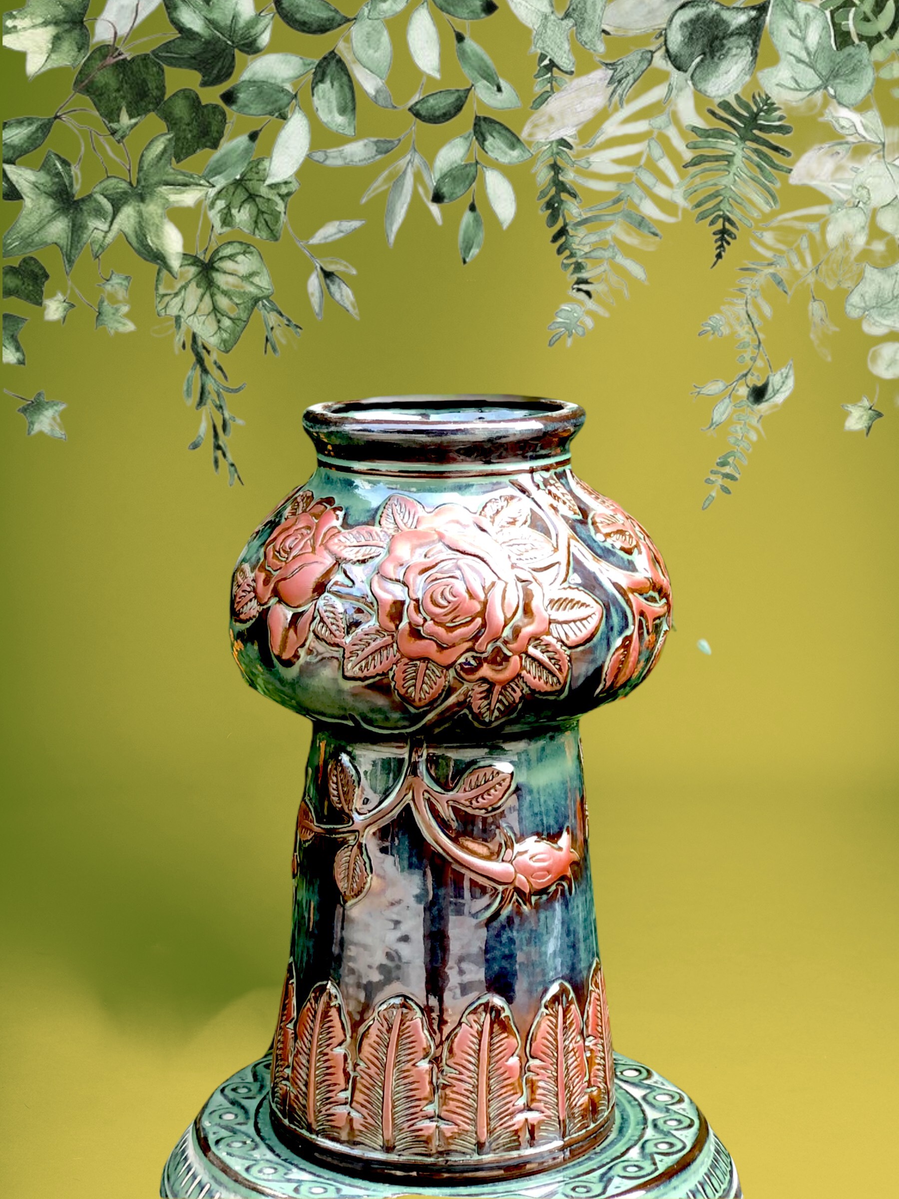BÌNH HOA KHẮC TAY GỐM HOÀNG THỔ H33xM12cm
