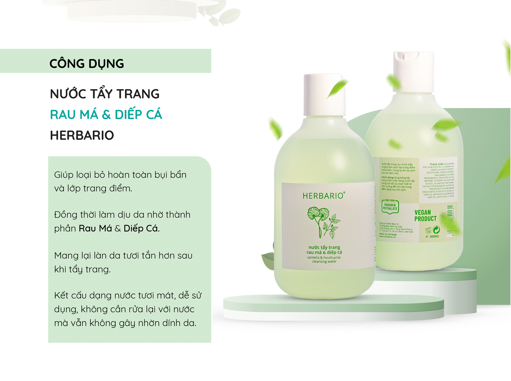 Nước tẩy trang Rau Má & Diếp Cá Herbario 300ml da dầu, da mụn