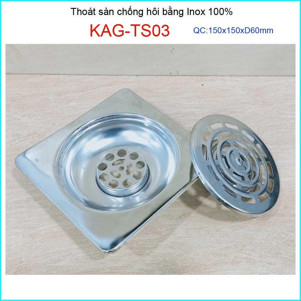 Phễu thoát sàn inox KAG-TS03, ga thoát sàn vuông 15x15cm ống D60 nước thoát nhanh giá tốt sử dụng tốt