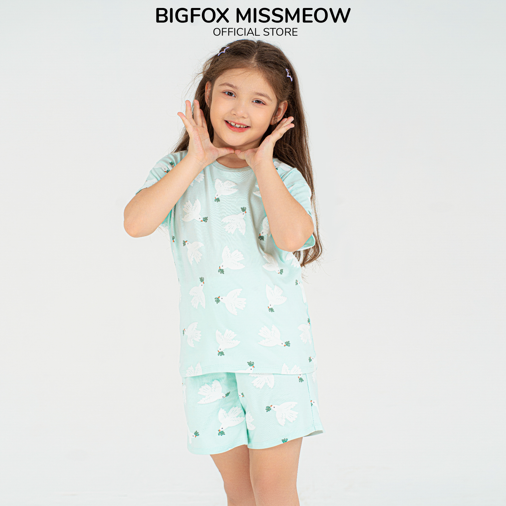 Bộ quần áo bé gái Bigfox Miss Meow size đại kiểu cộc tay mùa hè chất cotton in bồ câu nhỏ 3,9,10,11 tuổi 30kg 40kg 1979