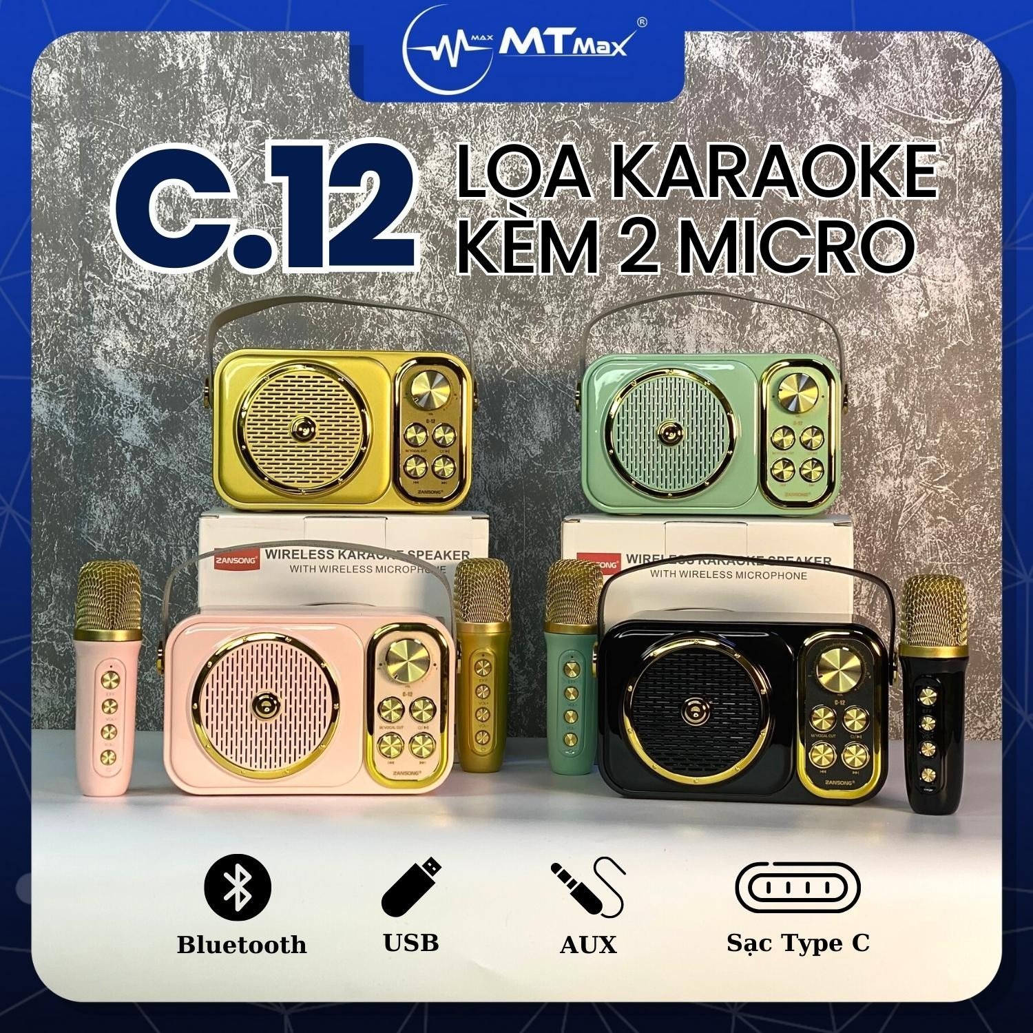 Loa Karaoke Zansong C12 - Kèm 1 Micro Không Dây. Kiểu dáng mini siêu kute, màu sắc bắt mắt. Mặt trước có bộ âm trầm được bảo vệ bởi lưới kim loại. Có cổng kết nối AUX, USB, thẻ TF và tích hợp Bluetooth 5.0