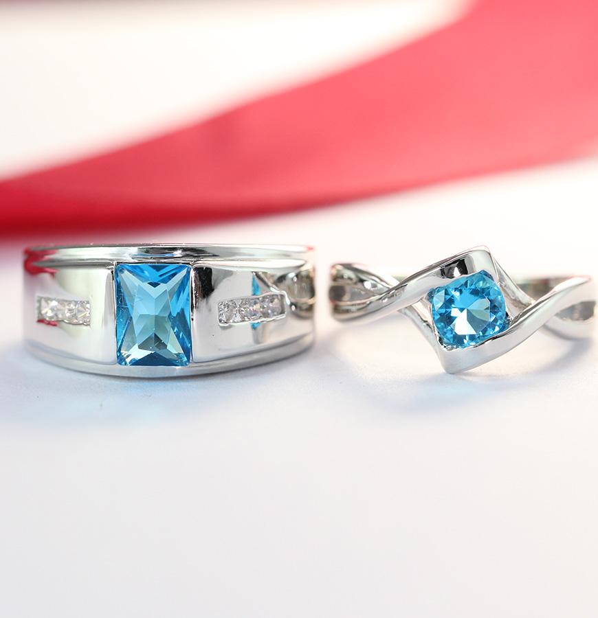 Nhẫn đôi bạc nhẫn cặp bạc đẹp đính đá xanh dương ND0369