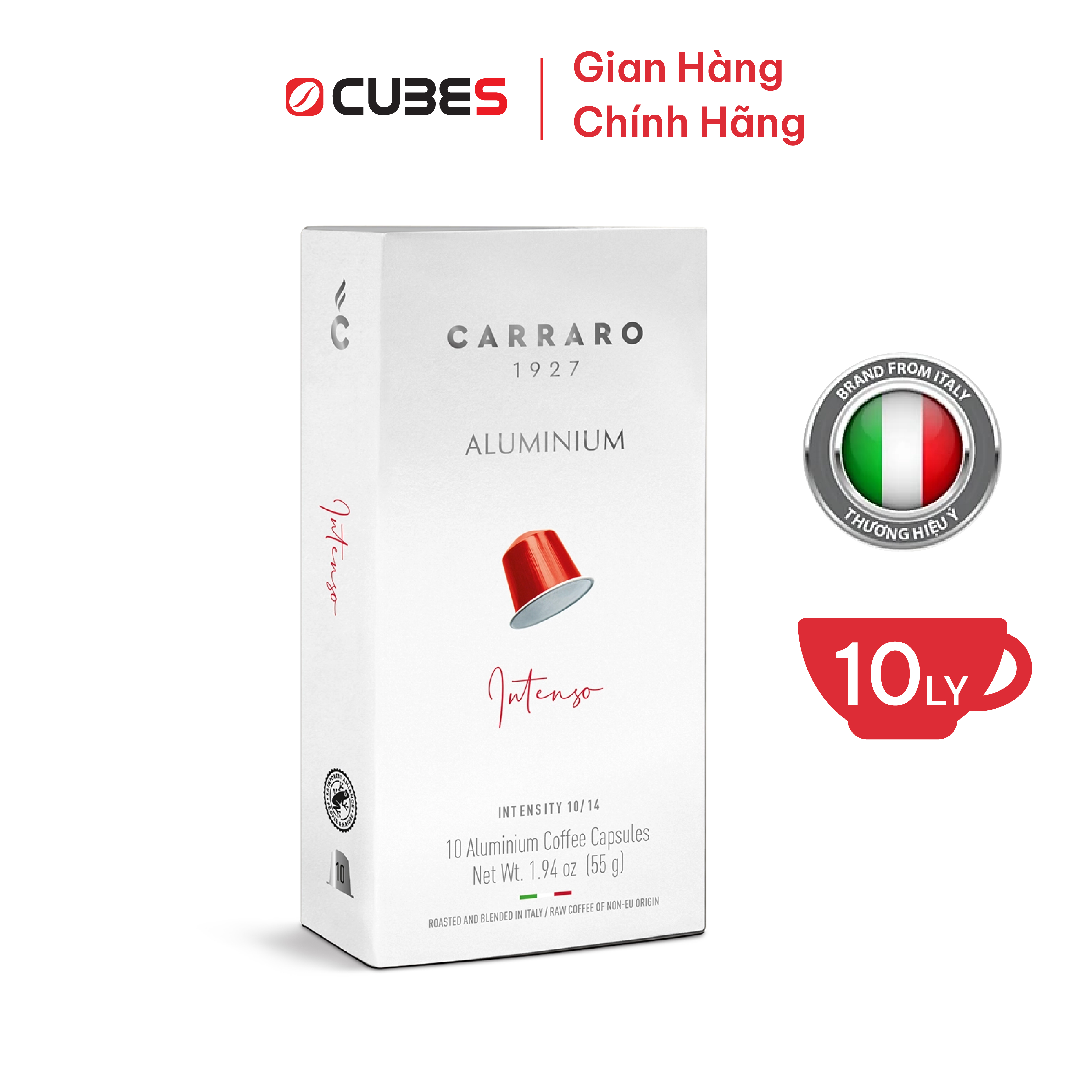 Cà Phê Viên Nén Carraro INTENSO Aluminum Mới - 10 viên - Tương thích với máy capsule Nespresso