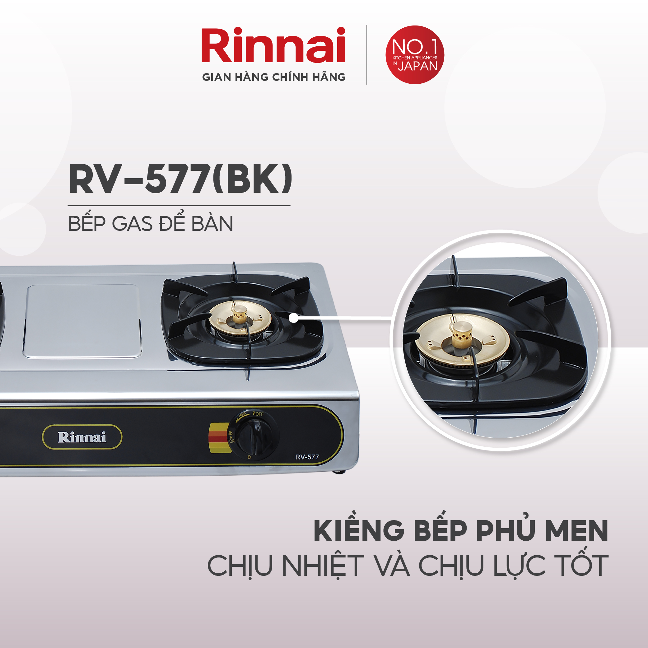 Bếp gas dương Rinnai RV-577(BK) mặt bếp inox và kiềng bếp men - Hàng chính hãng.