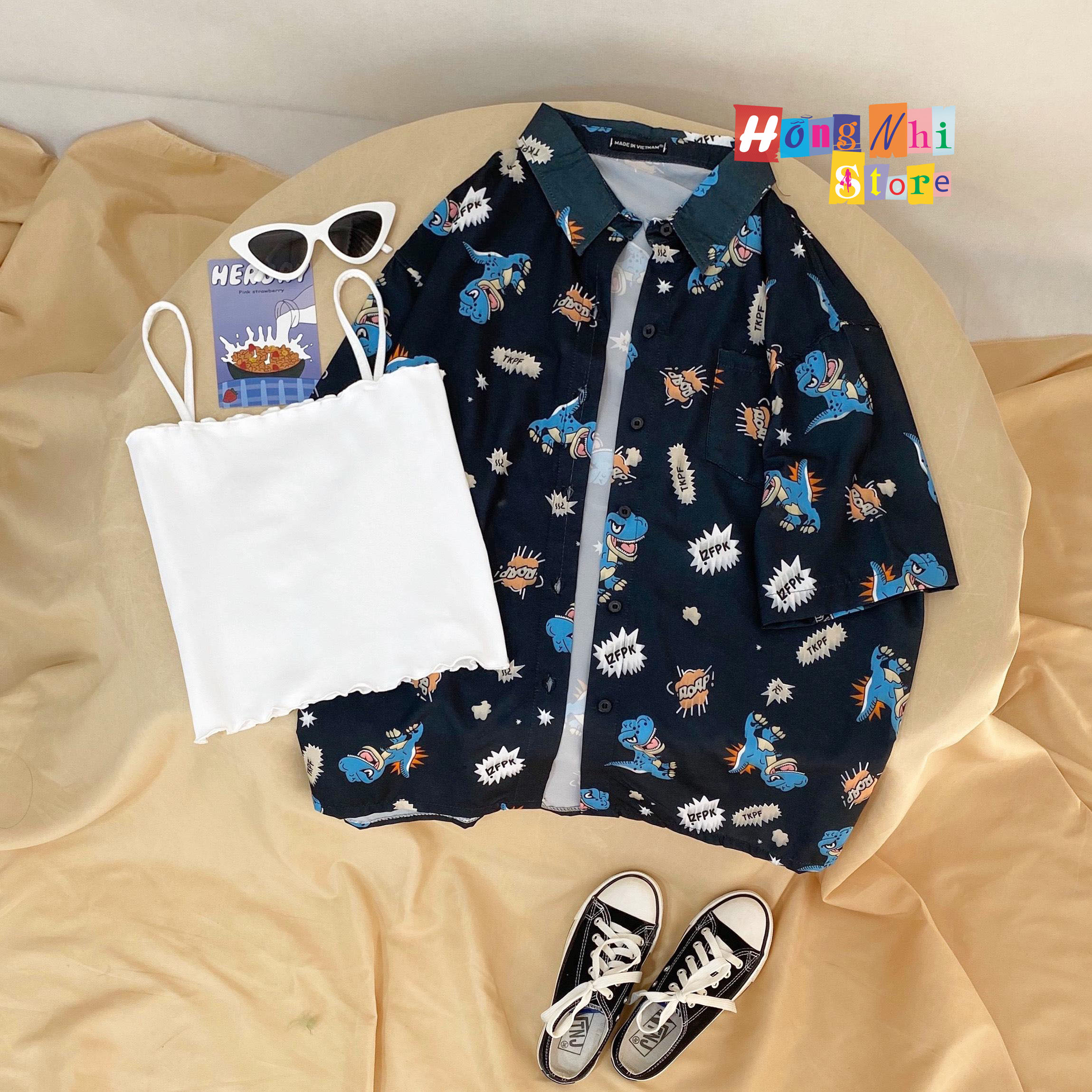Áo Sơ Mi Hoạ Tiết Tay Lỡ Dáng Rộng, Đi Biển, Khủng Long Tay Lửng Unisex - MM