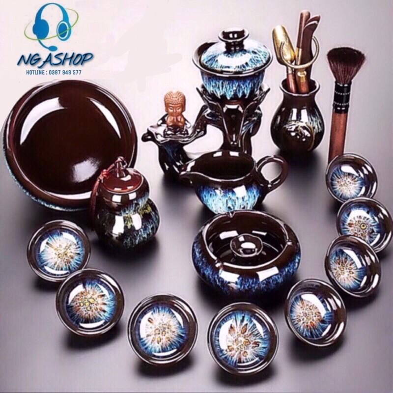Bộ ấm chén pha trà đẹp Cối xay gốm sứ cao cấp,18-19 chi tết nâu tím chú tiểu