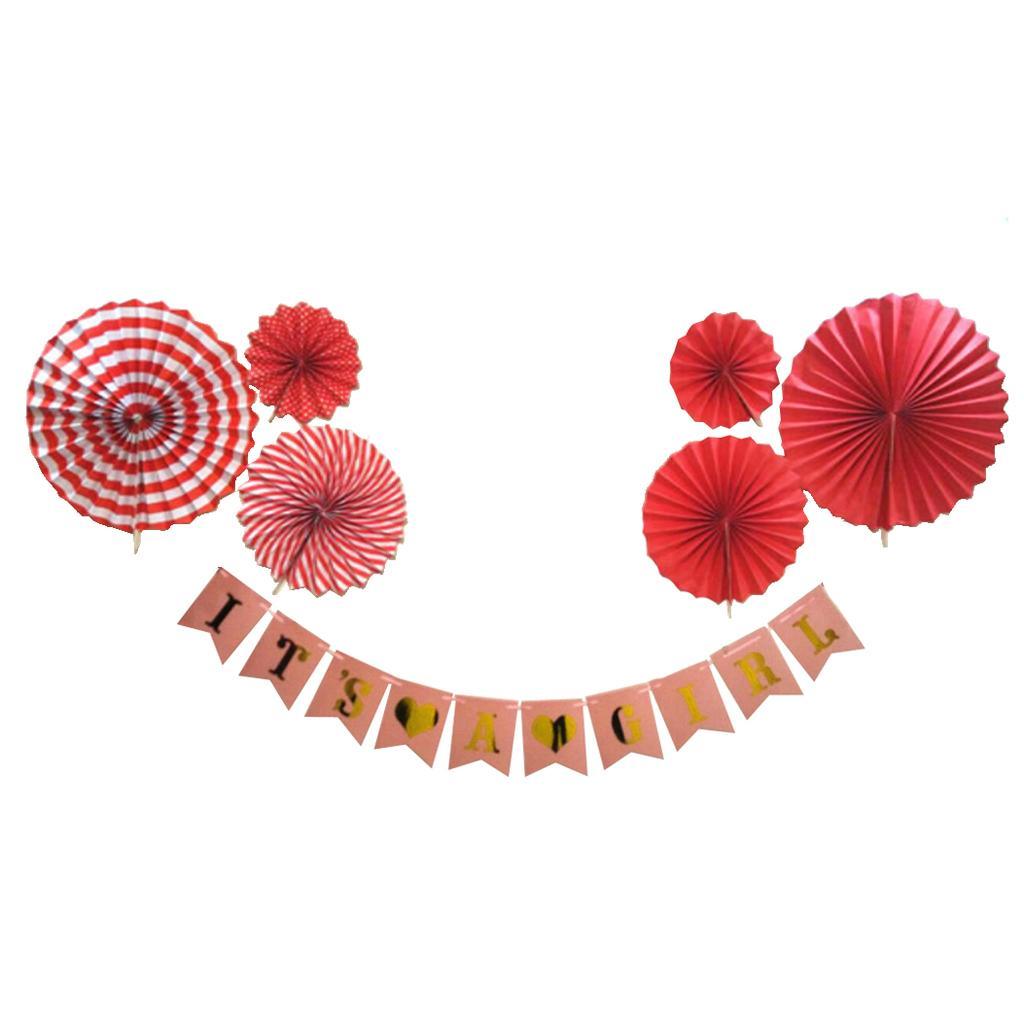 Its A Girl Bunting Banner Garland Paper Pinwheel Fans Baby Shower Kit Red