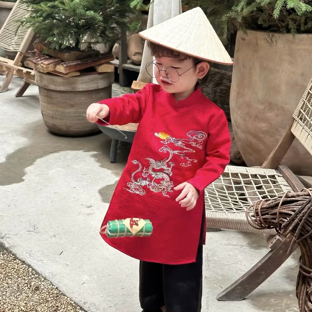 Set Quần Áo Dài Cách Tân Họa Tiết Vân Long 1-8 Tuổi Dành Cho Bé Trai