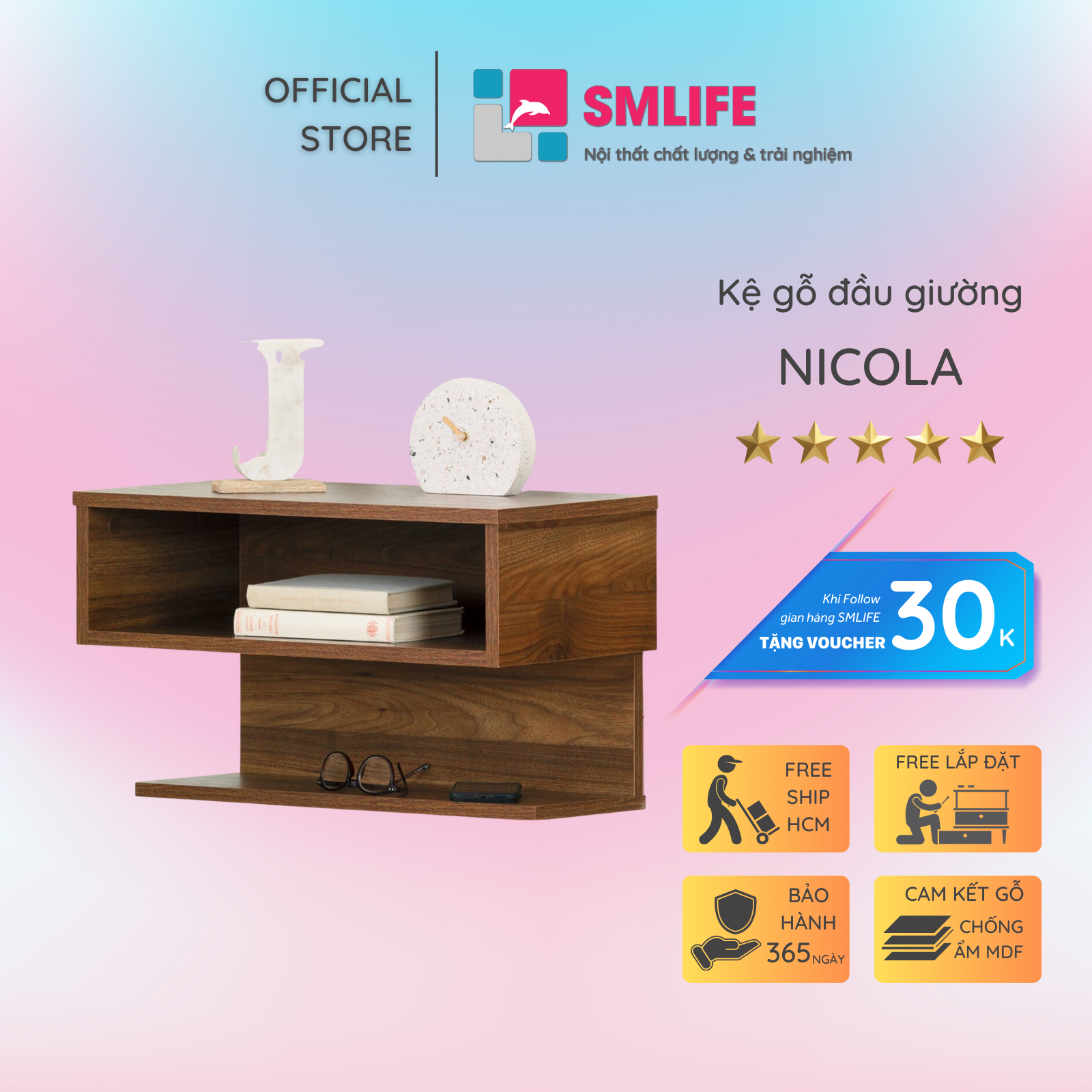 Tủ gỗ đầu giường hiện đại SMLIFE Nicola | Gỗ MDF dày 17mm chống ẩm | D55xR30xC35cm