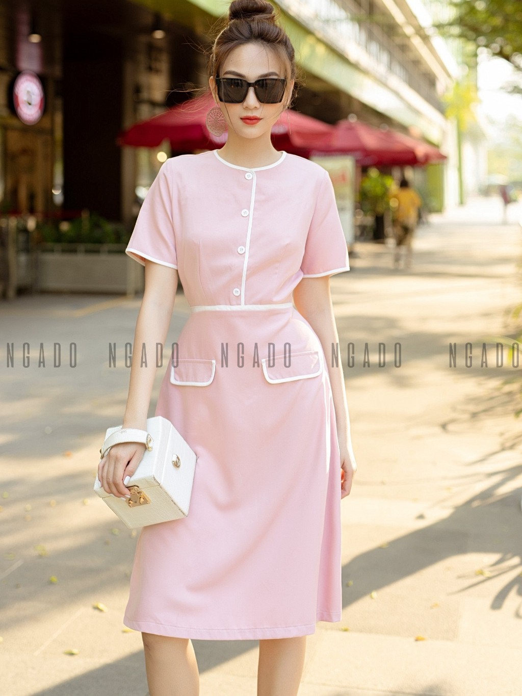 Đầm hồng ngắn tay viền trắng NGADO