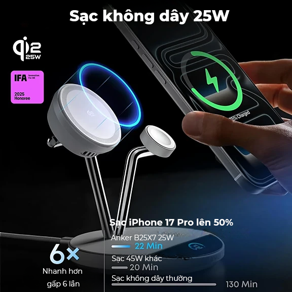 Bộ sạc Anker 25W (đế sạc không dây tản nhiệt A25X7 kèm củ, cáp sạc) Đen (Black) B25X7 - Hàng Chính Hãng