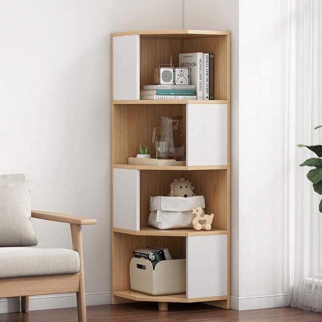 Kệ gỗ góc ngũ giác 4 tầng đặt góc tường, trang trí hiện đại kiểu Hàn từ gỗ MDF, phủ Melamin chống xước ND03