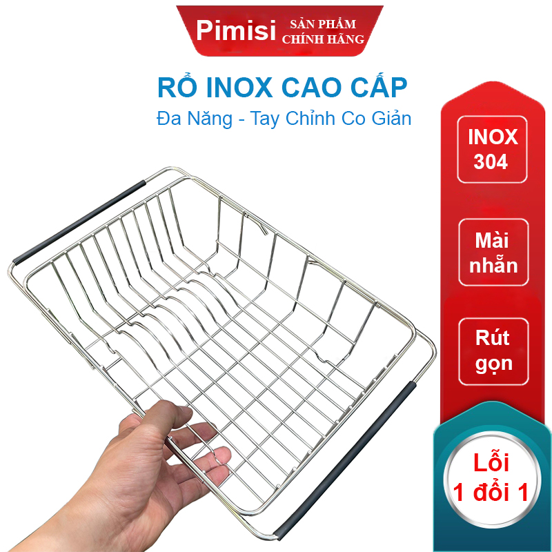 Rổ Inox 304 Chữ Nhật Gác Bồn Rửa Chén Pimisi Úp Bát Đĩa - Rau Củ Quả Với Thiết Kế Thông Minh Điều Chỉnh Độ Dài Co Giãn Chiều Dài Khay, Tay Nắm Kéo Từ Thép Không Gỉ SUS 304 - Với 4 Góc Vuông Bo Tròn Phù Hợp Với Mọi Chậu Rửa Bát  | Hàng Chính Hãng