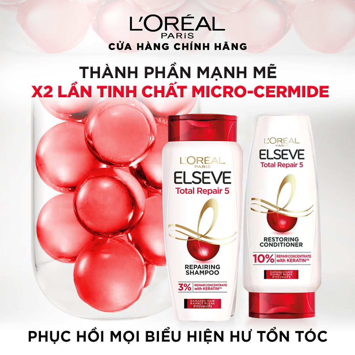 Dầu gội giúp phục hồi tóc hư tổn L'Oréal Paris Elseve Total Repair 5 Filler Repairing Shampoo 620ml