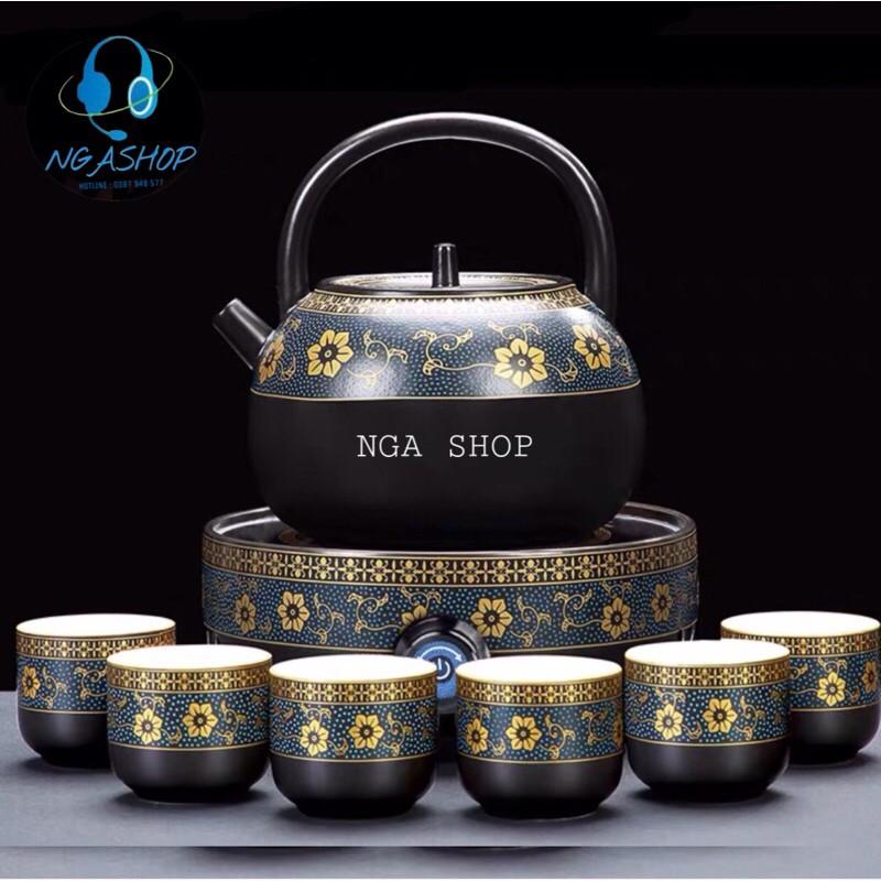 Bếp đun nước pha trà &amp; cafe hồng ngoại mini cao cấp gốm sứ,bếp gốm điện trầm hương đa năng màu xanh hoa cẩm ,500W