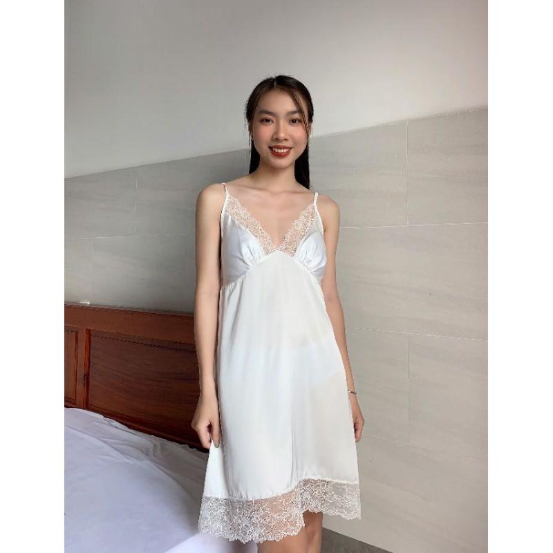 Váy ngủ,đầm ngủ lụa 2 dây phối ren cao cấp mềm mịn mát ĐỦ MÀU ĐỦ SIZE tặng kèm chip ren gợi cảm