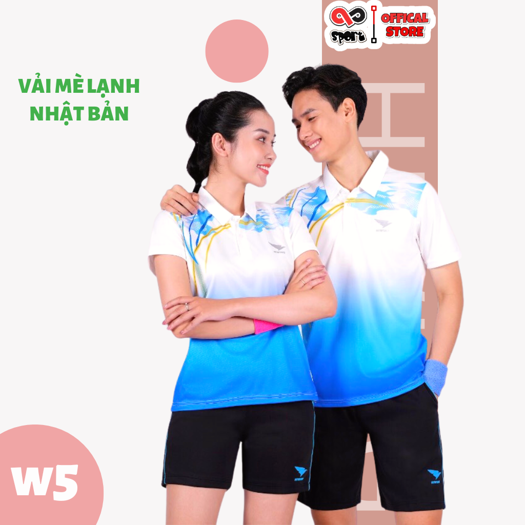 Áo Cầu Lông Nam Nữ Thương Hiệu HIWING Chất Vải Mè Lạnh Nhật Bản Co Dãn Đa Chiều Cao Cấp Mẫu W5 – Trắng Xanh – MNữ