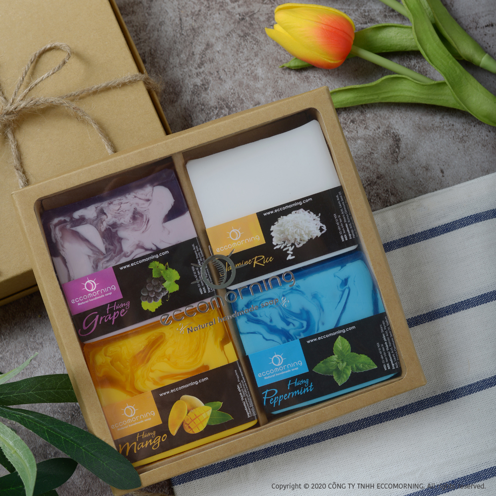 Hộp Quà 4 Xà Bông Thiên Nhiên Handmade eccomorning Hình Vuông - Soap Gift Set 4pcs