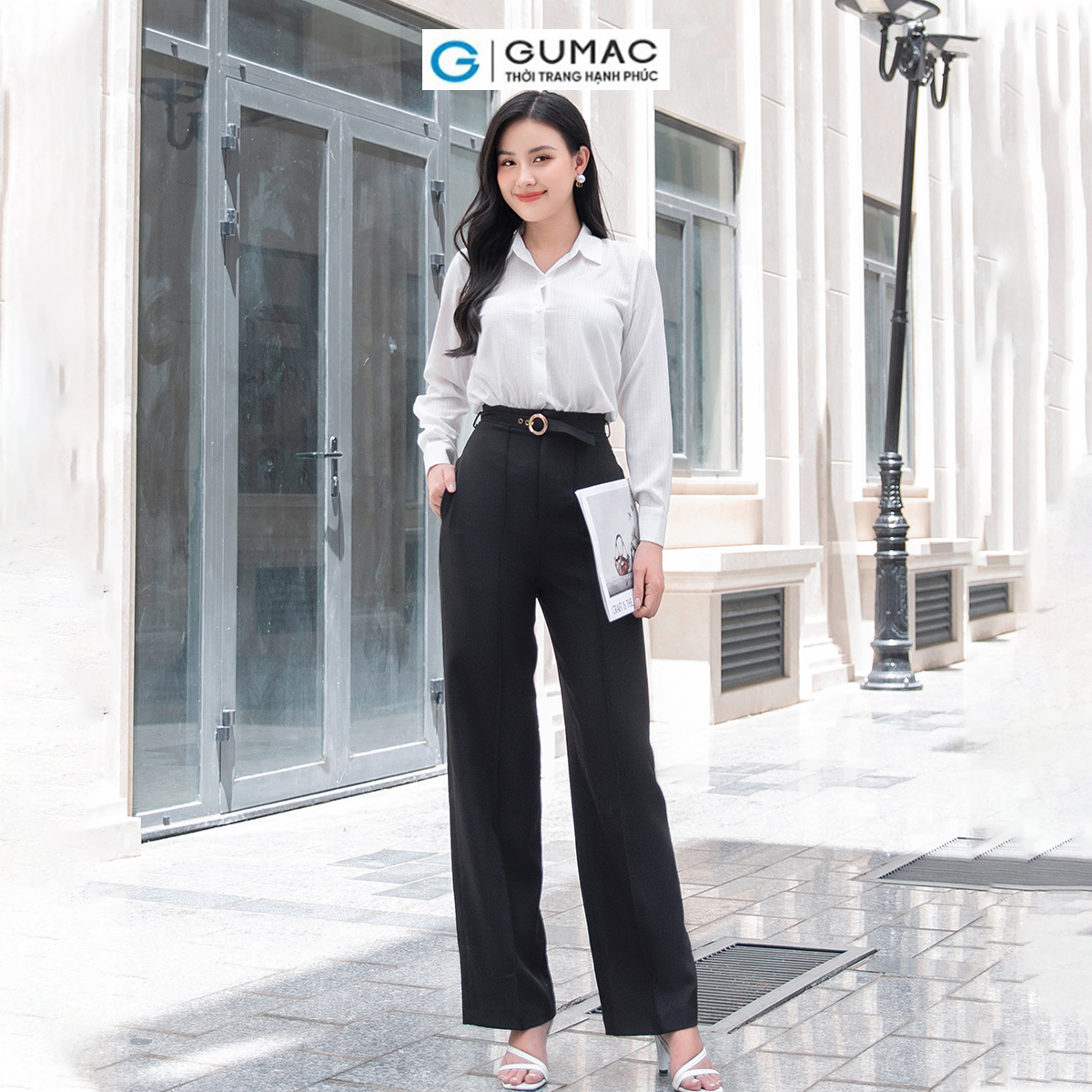 Quần nữ ống suông, lưng cao kèm dây thắt lưng nhỏ túi dọc ở 2 bên GUMAC QD09021