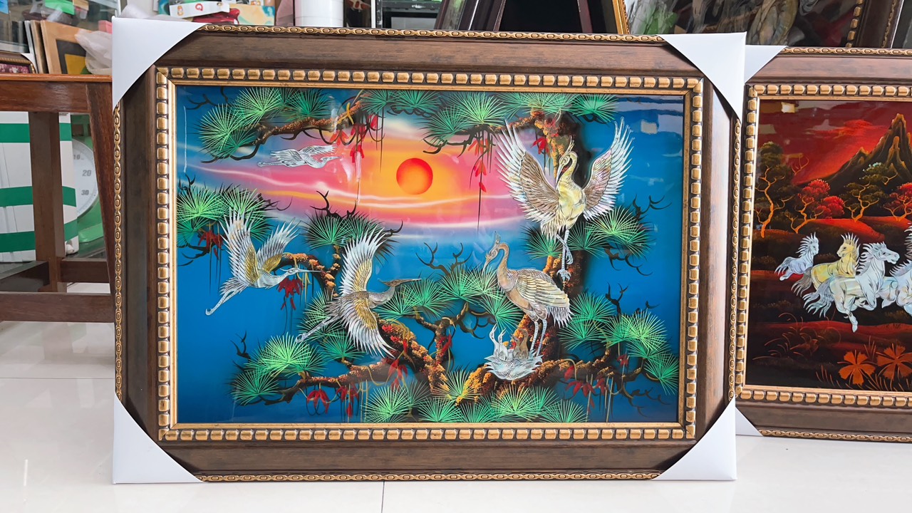 Tranh sơn mài Tùng Hạc hàng xuất khẩu 40x60 cm trang trí nhà cửa, quà tặng tân gia, khai trương ý nghĩa