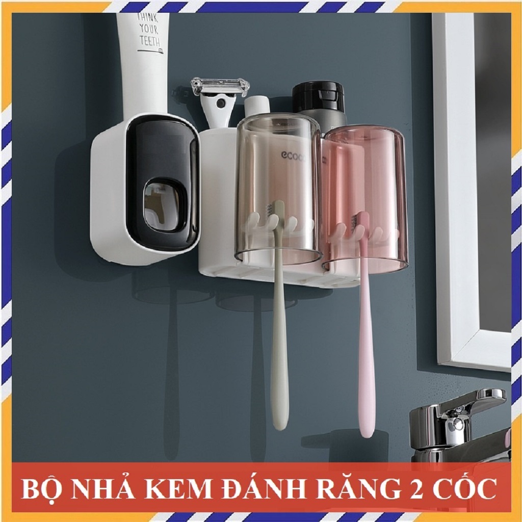 Bộ nhả kem đánh răng, Kệ để bàn chải đánh răng 2 cốc, Kệ để đồ nhà tắm dán tường thông minh - Hàng nhập khẩu