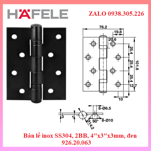 Bản lề inox SS304, 2BB, 4"x3"x3mm, zigza màu đen Hafele 2 vòng bi 926.20.063