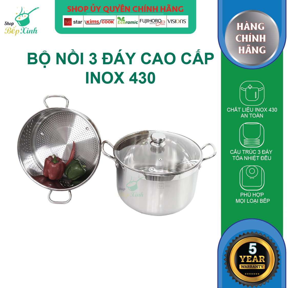 Bộ Nồi Xửng Hấp Inox 430 Bếp Từ 3 Đáy Nắp Kính Fivestar Tặng 5 Muỗng Ăn